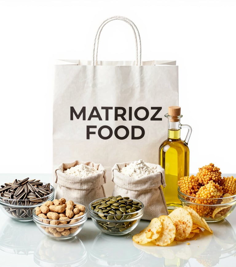 Matrioz Food healthy ingredients including sunflower seeds, pumpkin seeds, peanuts, and cooking oil.