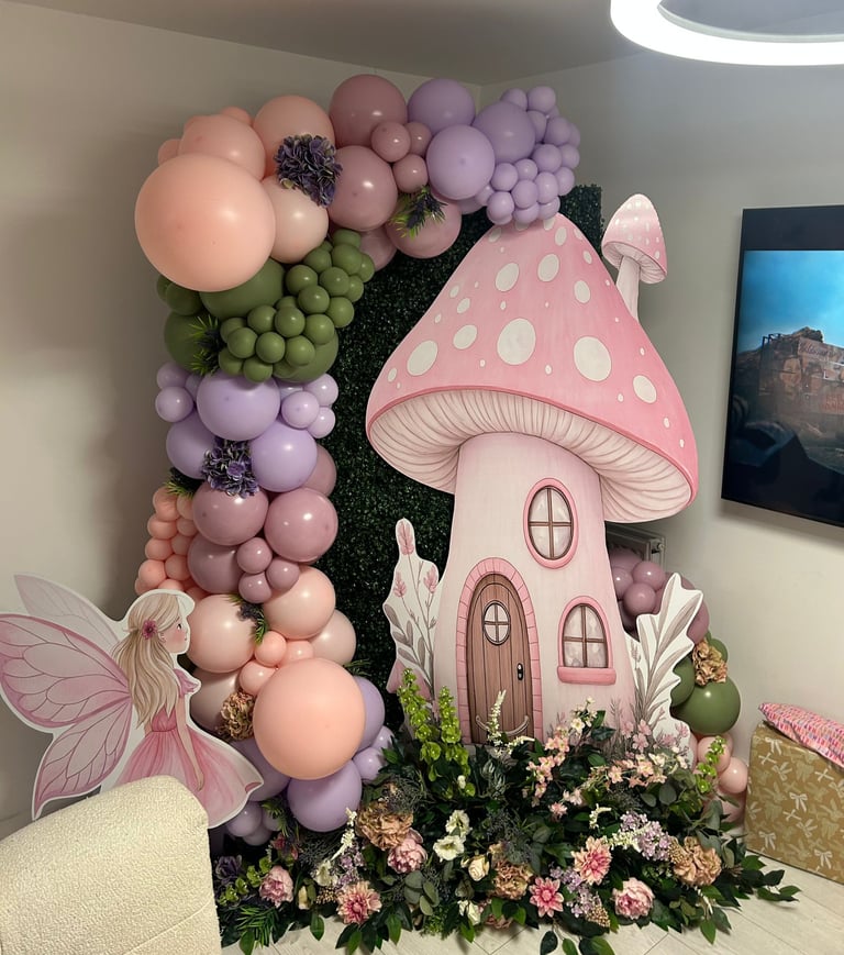 Fairy's themed birthday balloon display for children’s party in Liverpool