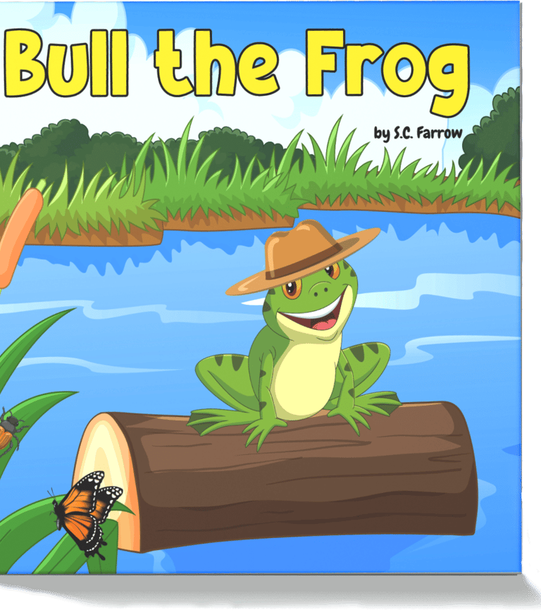 A colourful children's book cover featuring a bright green frog wearing a wide-brimmed hat as he sits on a log in a pond