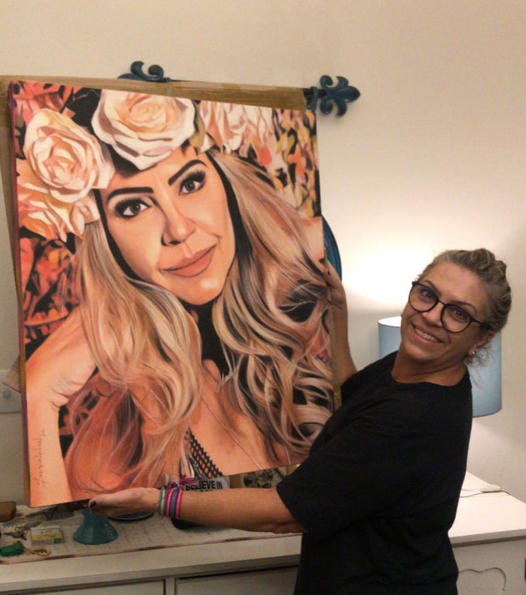 Retrato de uma mulher em estilo Pop-Art, com cores vivas e traços marcantes que capturam sua persona