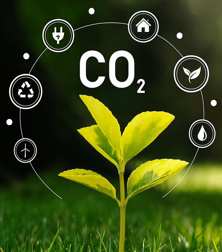 Feuille nature biodiversité et icones représentant les périmètres d'un plan d'action Bas Carbone