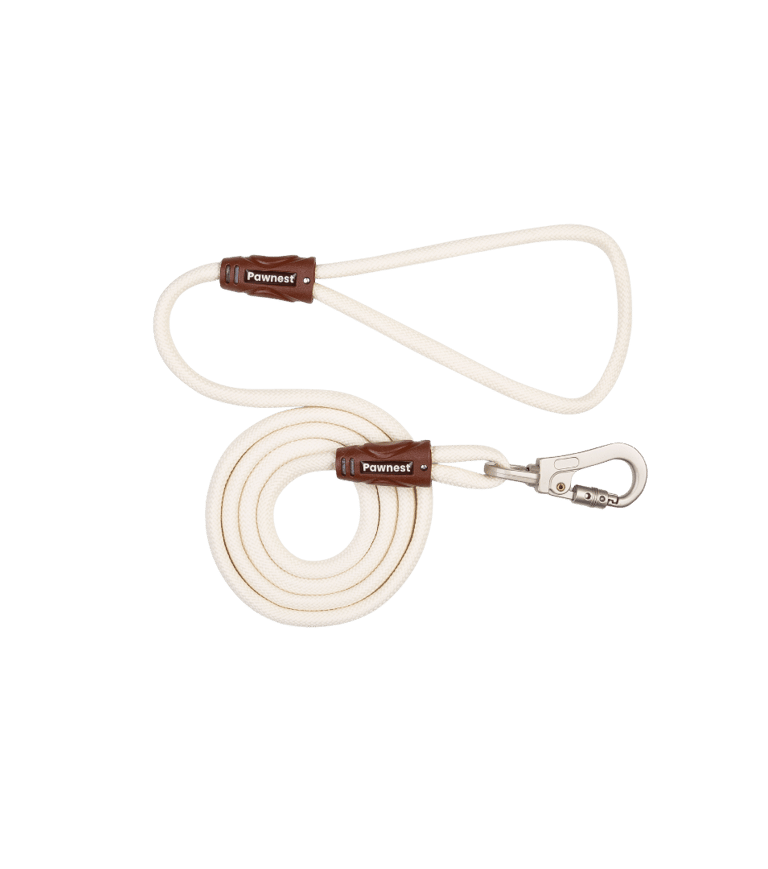 Pawnest® beige braided rope leash – soft grip and metal hook, durable design for cats and dogs.