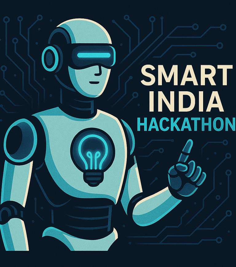 Smart India Hackathon illustration with humanoid robot, glowing circuits, and lightbulb symbol, prom