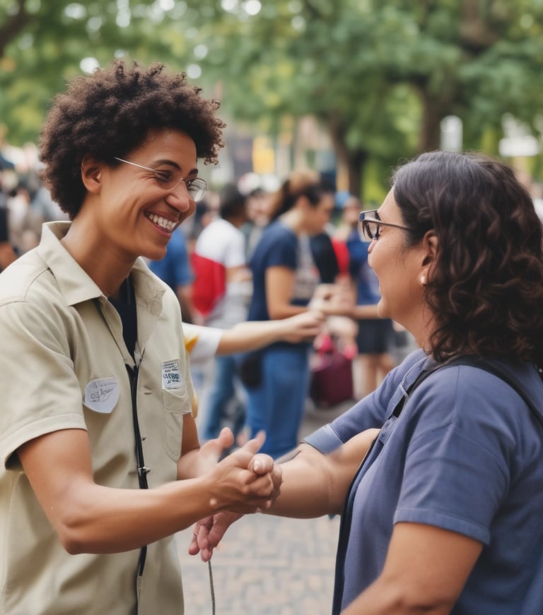 A friendly volunteer warmly greeting a community member at a welcoming event table.