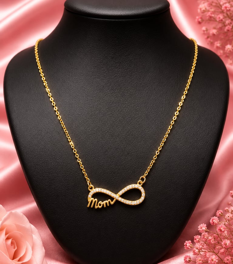 Gold infinity mom necklace with diamonds on a black jewelry display stand with pink silk and roses.