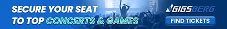 Gigsberg ticket marketplace banner for booking top concerts and sports games with a find tickets button.