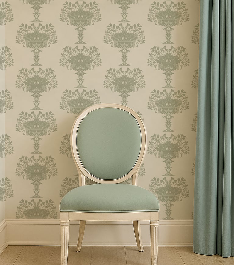 Heirloom Urns wallpaper in Garden Sage, paired with sage green chair and curtain for a coordinated cottage interior.