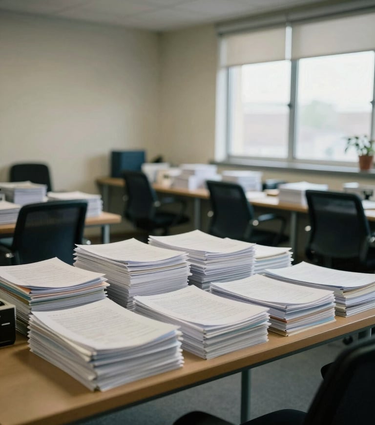 Wide shot of a calm, organized support office room, documents stacked neatly on a table, empty chairs across from each other, soft overhead and window light, no people present, institutional and ordered