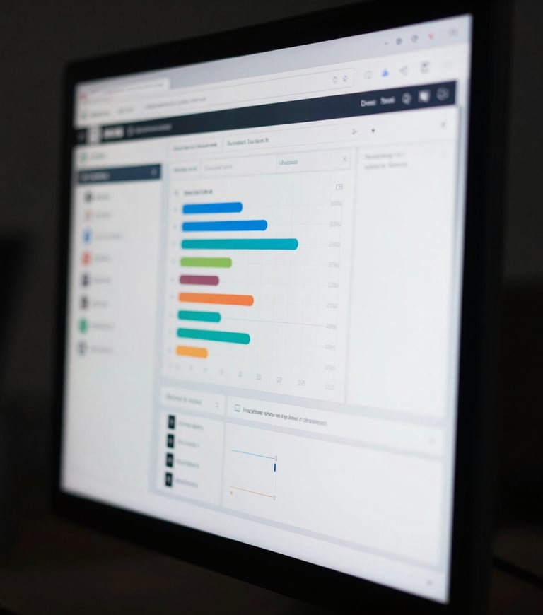 Close-up of a modern web design dashboard on a physical monitor, showing conversion funnels and analytics, moody directional light, screen glow highlights, cool desaturated tones, sharp 35mm lens, high contrast