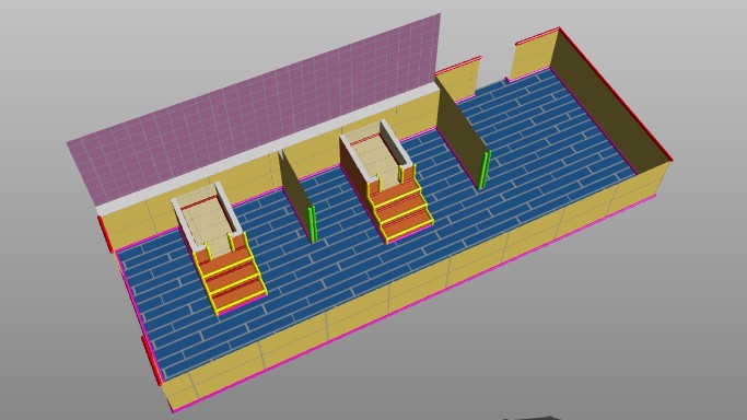 A 3D architectural floor plan visualization showing room layouts with blue tiling and wooden stairs.