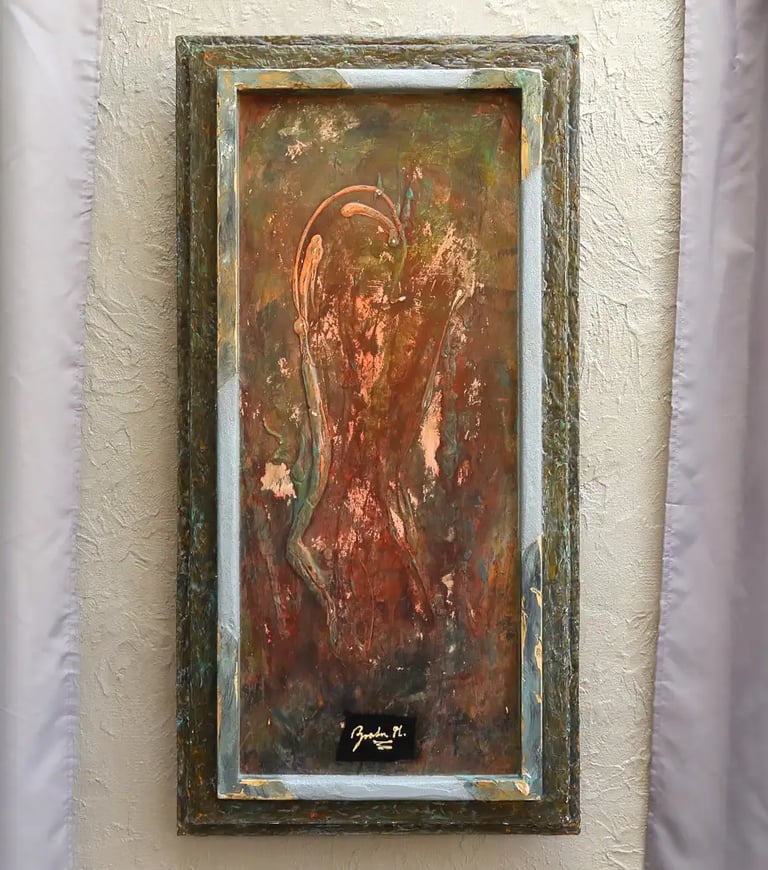 Fertiges Acrylbild mit dem Titel Sprössling, in gedämpften Erdtönen mit aufwendigem, gestückelten Rahmen aus Holz und Beton