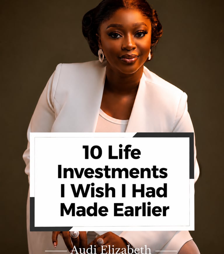 Professional portrait of a woman in white with the title 10 Life Investments I Wish I Had Made Earlier by Audi Elizabeth.