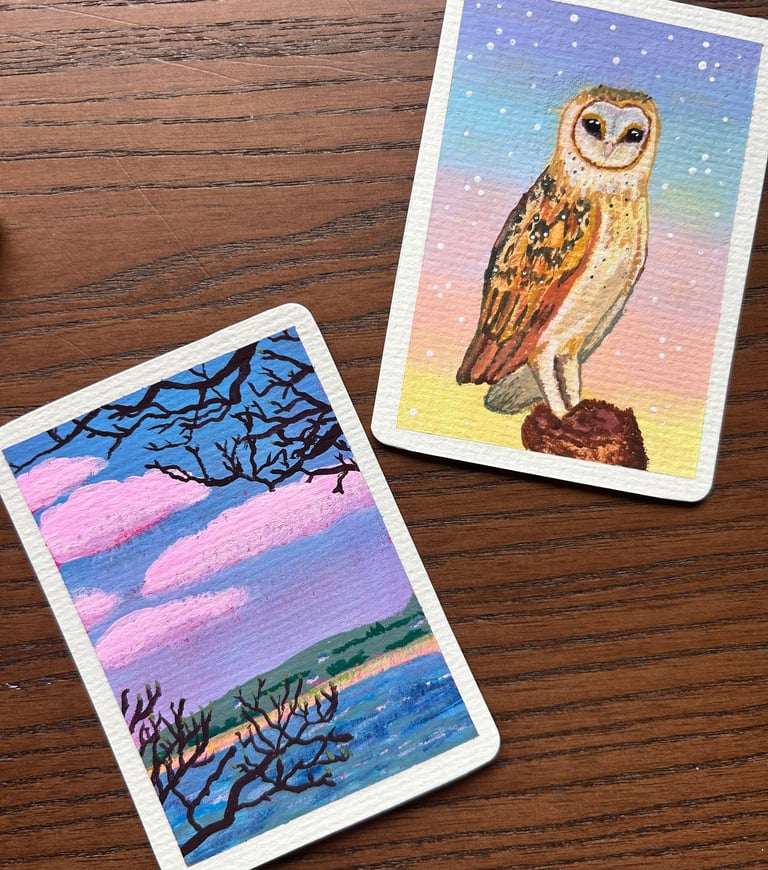Small ACEO paintings, one of a landscape and one of a barn owl