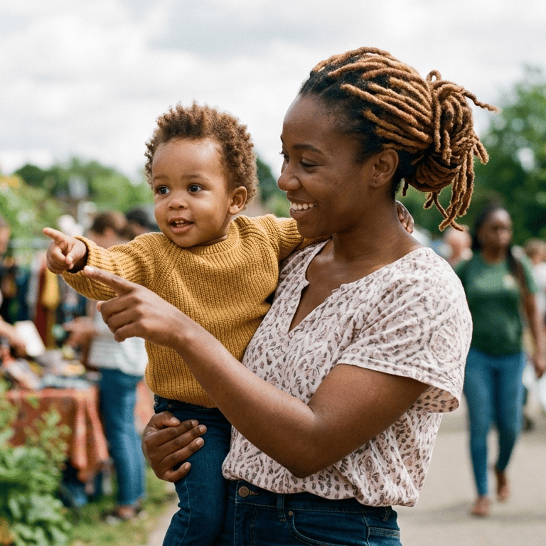 Baby explores a market with their mother.