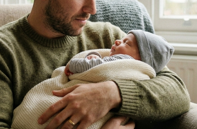 Father hold newborn baby in his arms. Father wears and wedding ring and sits in a UK living room.