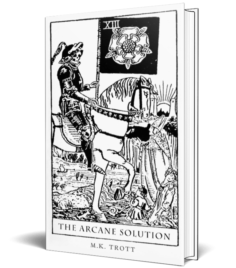 A white book cover features a black line drawing in the style of a tarot card of a skeletal knight on horseback
