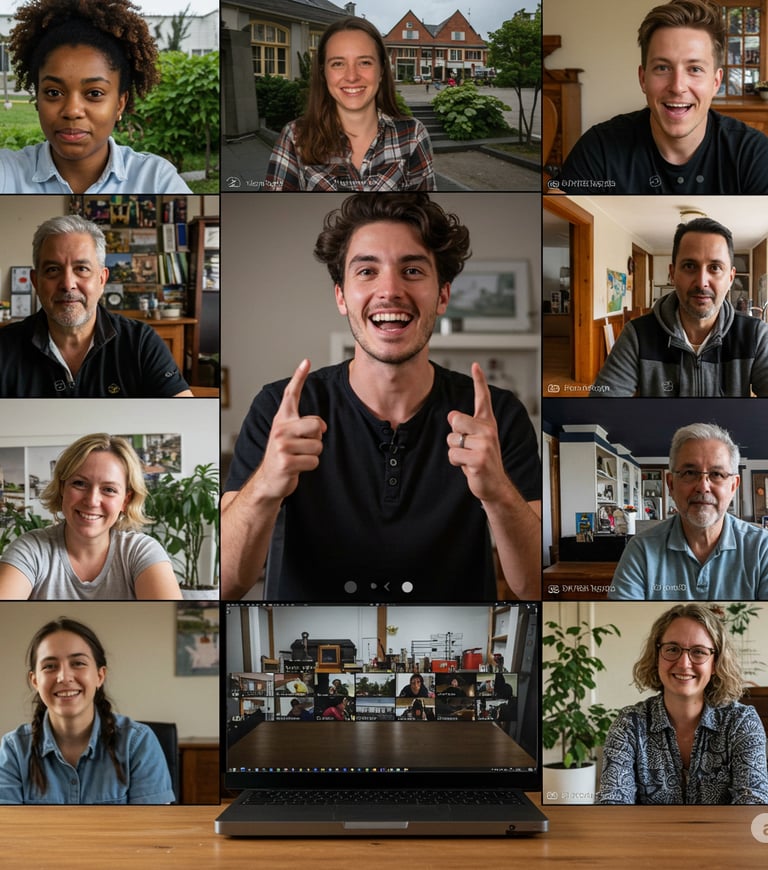 A grid of diverse people in a virtual video conference call on a laptop screen.