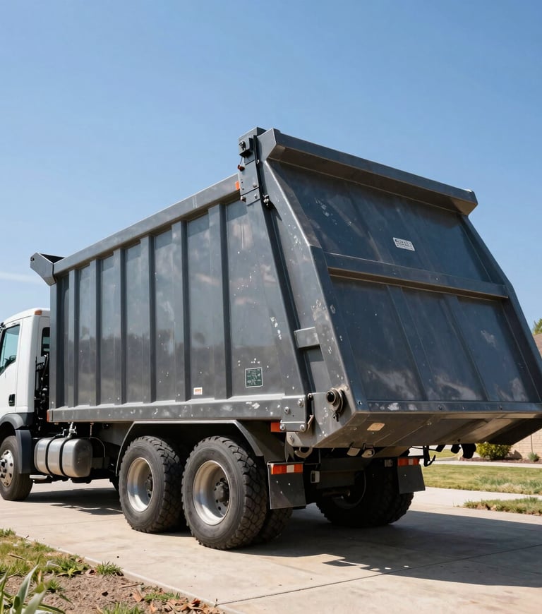 Low-angle heroic shot of a truck hoisting a heavy-duty steel roll-off dumpster onto a residential driveway, bright direct Texas sunlight, high-contrast shadows, industrial commercial photography.