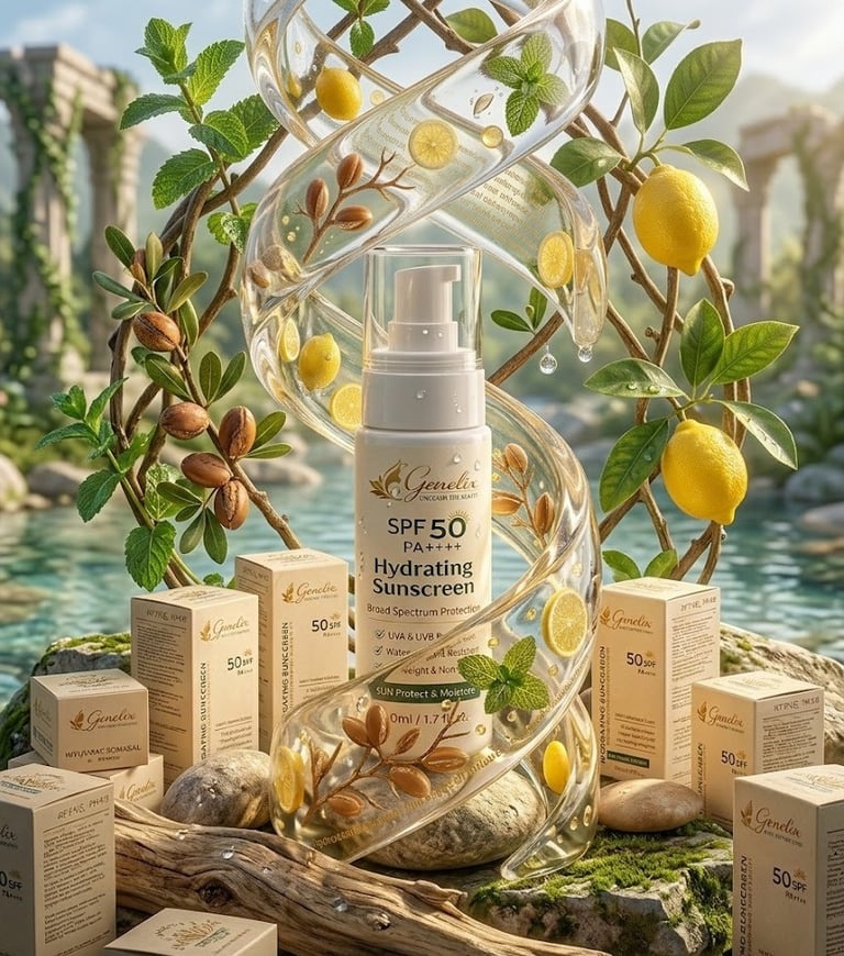 Genelix SPF 50 Hydrating Sunscreen bottle surrounded by fresh lemons and mint in a natural outdoor setting.