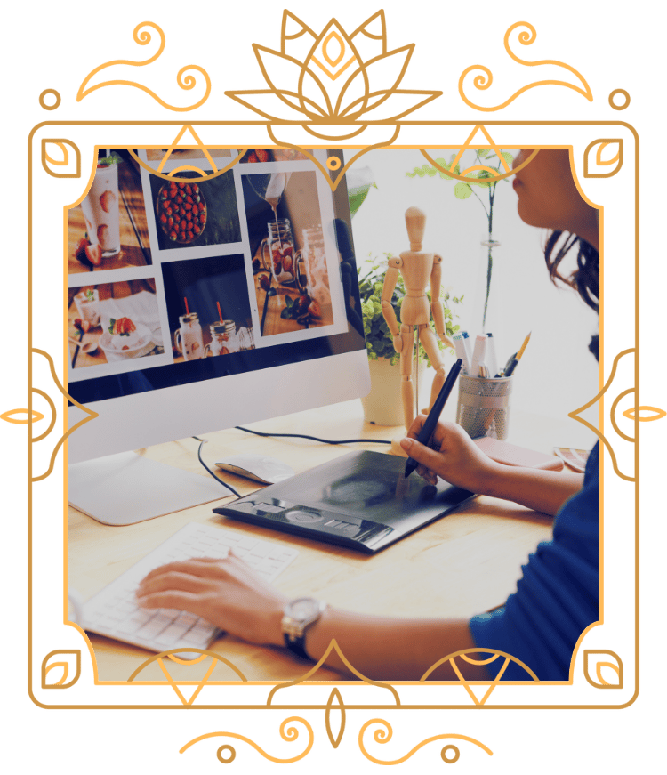 a woman working on a digital tablet and computer in a victorian frame