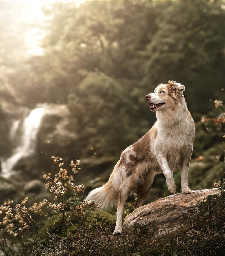 Hund steht auf Felsen bei natürlicher Hundefotografie in Niederösterreich im Wald