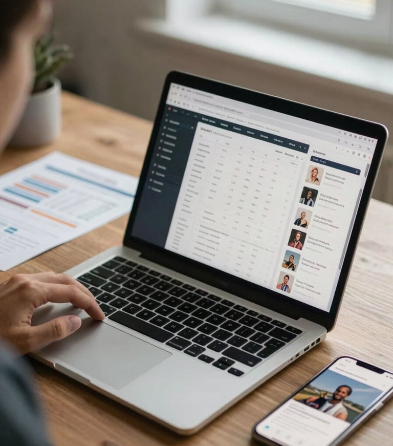 Close-up of a content strategist's desk with a laptop showing a social media scheduling dashboard, printed content calendar beside it, a phone displaying a published post, warm daylight from a nearby window, active working environment