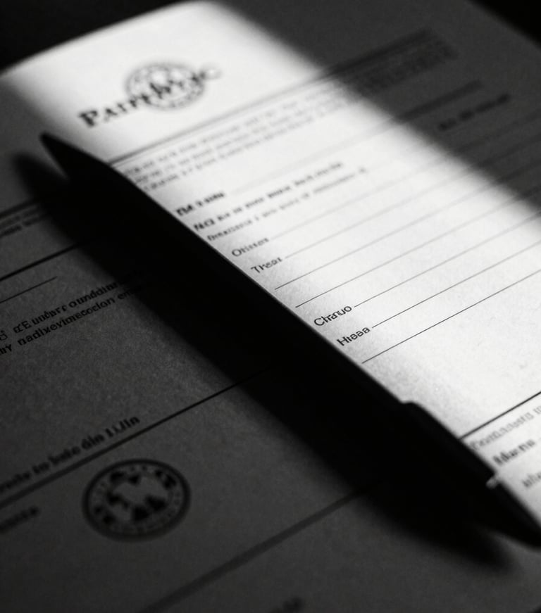 Extreme close-up of official trade documents with official stamps, high contrast low-key black and white photography, dramatic chiaroscuro lighting, sharp directional key light with deep shadows, 35mm film grain