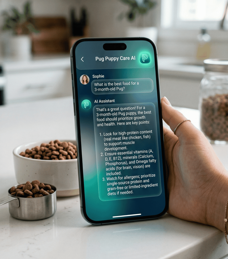 Smartphone displaying a Pug puppy care AI chat about nutritional dog food tips in a kitchen.