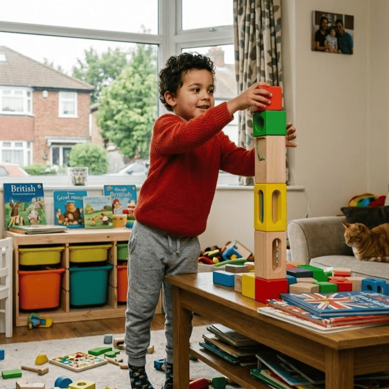 Boy with ADHD plays with blocks at home.