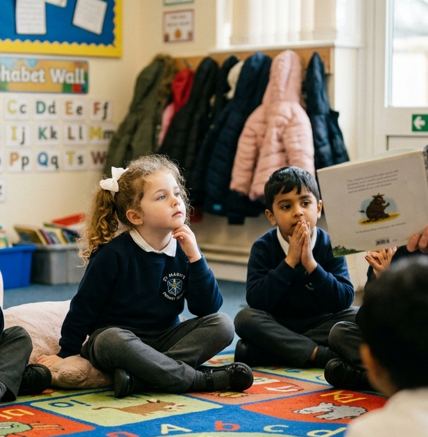Girl with ADHD sits at circle time.