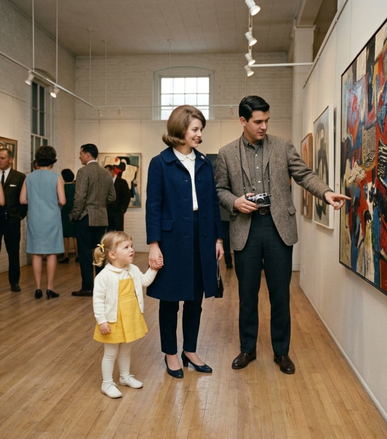 Parents in the 60's taking their toddler to an art gallery.