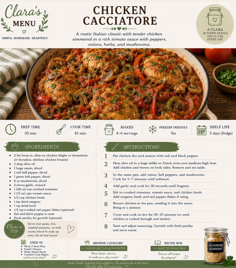 A detailed recipe card for Chicken Cacciatore featuring a skillet of simmered chicken, peppers, and mushrooms.