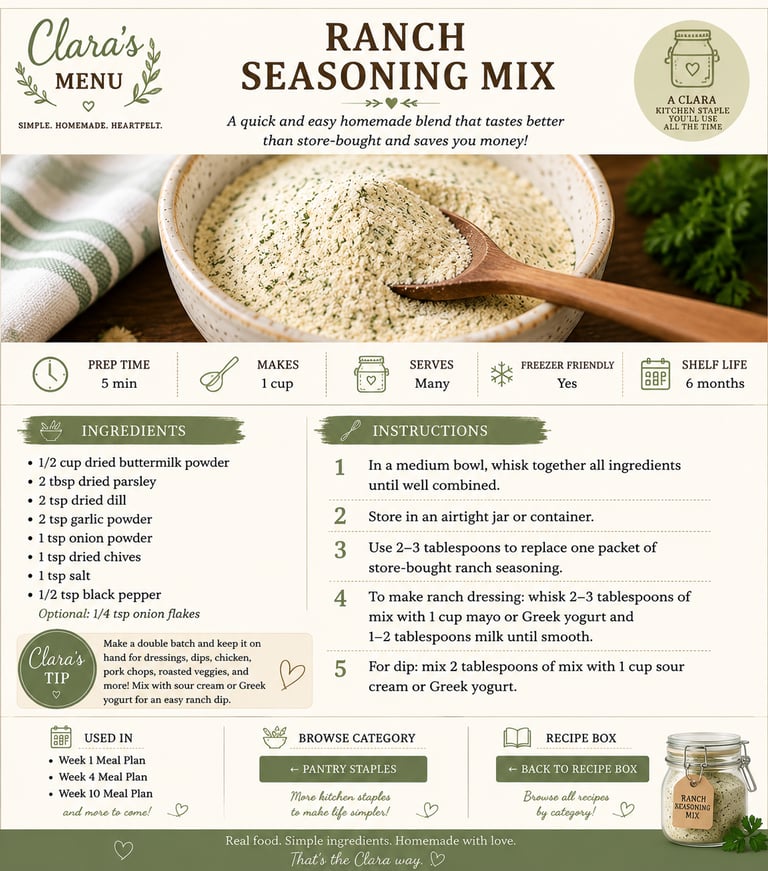 Recipe infographic for a homemade ranch seasoning mix with ingredients list and preparation instructions.