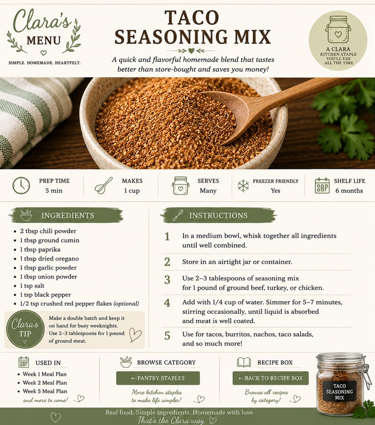 A homemade taco seasoning mix recipe card with ingredients and instructions for flavorful DIY spice blends.