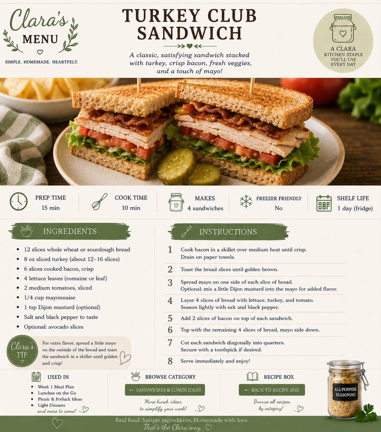 A classic turkey club sandwich recipe card with ingredients and instructions for making a triple-decker sandwich with bacon