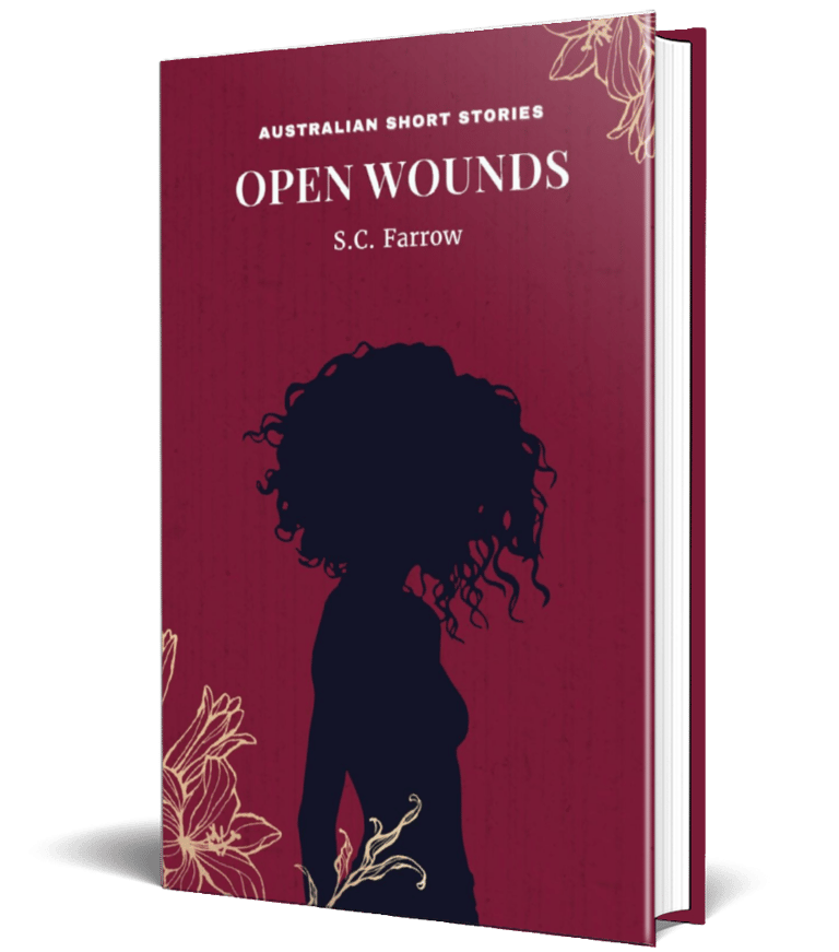 Crimson coloured book cover featuring the silhouette of a woman with wavy hair and pale-y line drawings of flowers