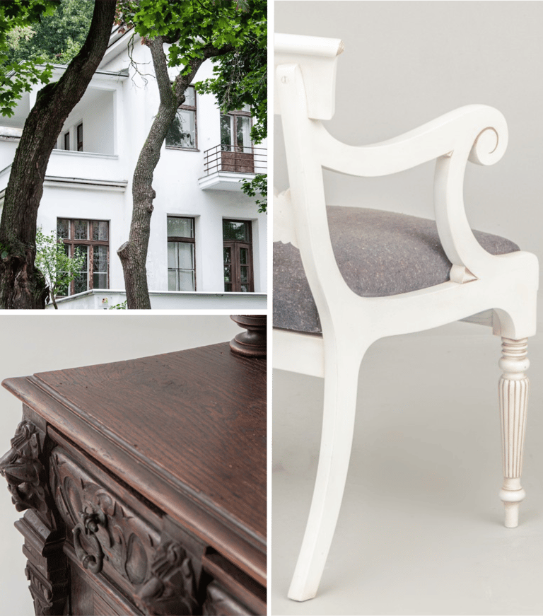 Restored interior with historical furniture and architectural details, part of BFS cultural heritage restoration projects.