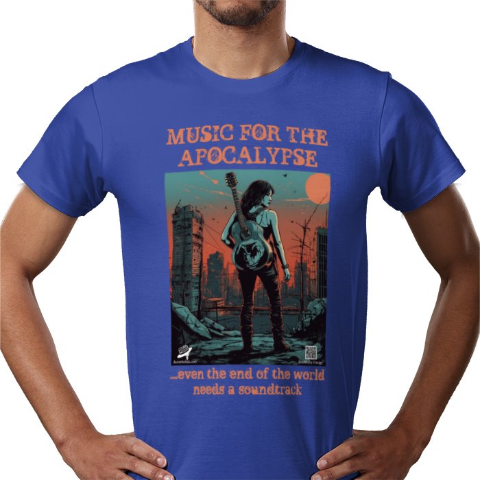 a man wearing a blue shirt with a poster of a woman in a blue shirt