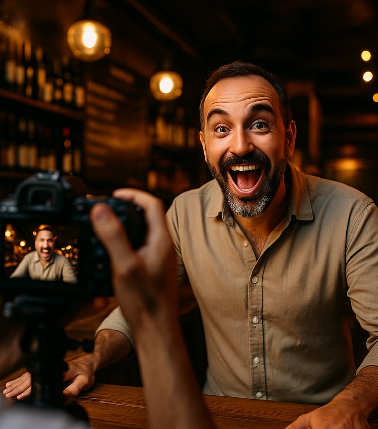 Fotógrafo grabando contenido en negocio local de Almería con móvil y micrófono profesional