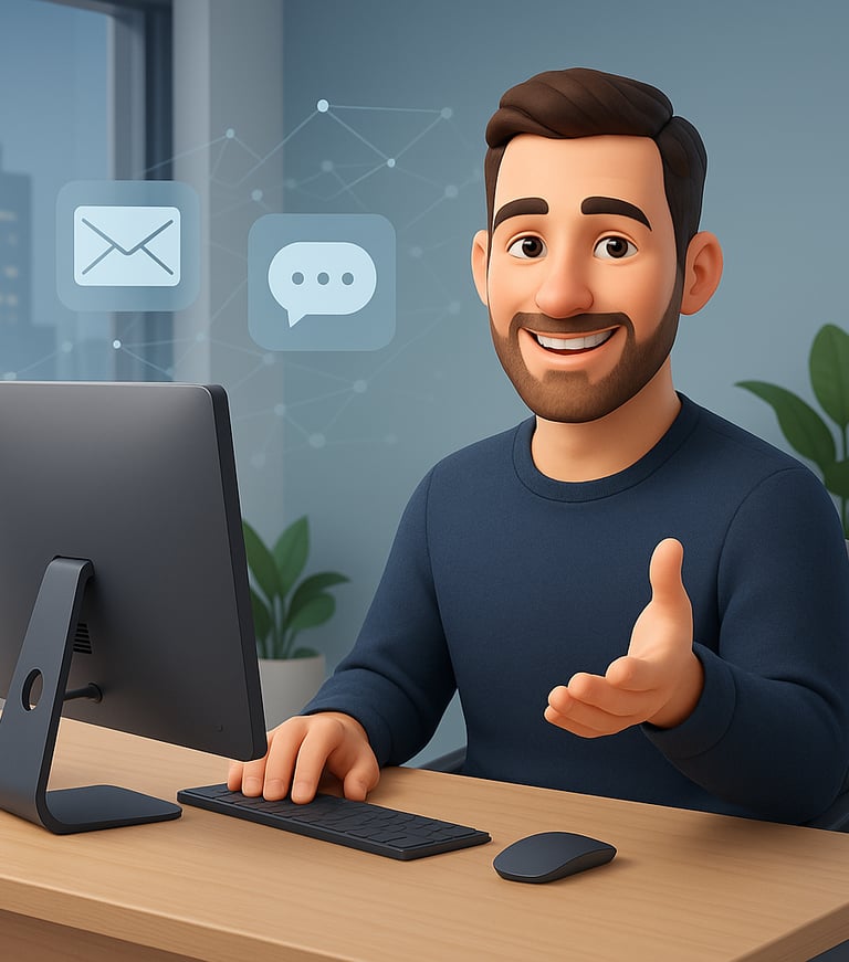 איש מחייך יושב מול מחשב עם טופס יצירת קשר פתוח – מייצג שירות אישי וזמין