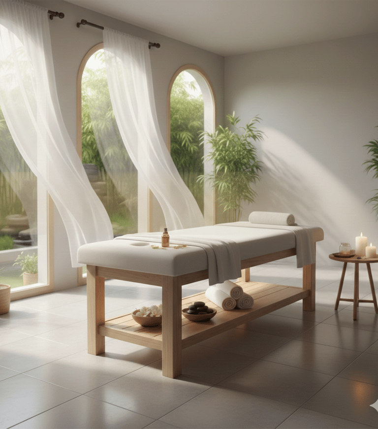 camilla de masaje, con velas y aceites esenciales