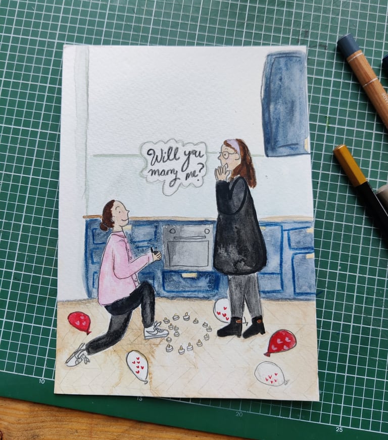 a watercolour and pencil illustration of a queer proposal and engagement