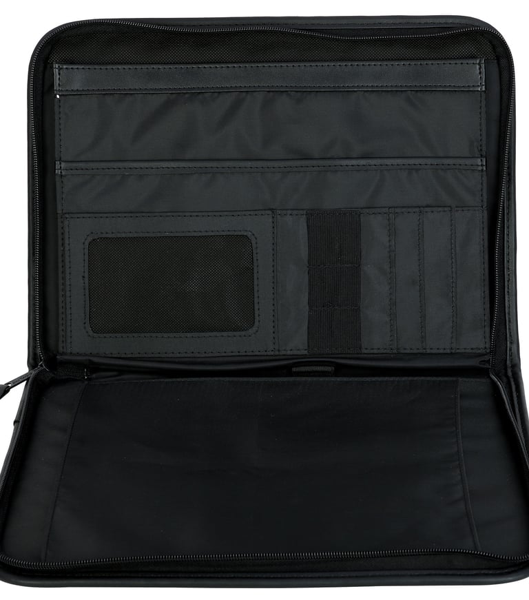 a black conference folder with multiple compartments
