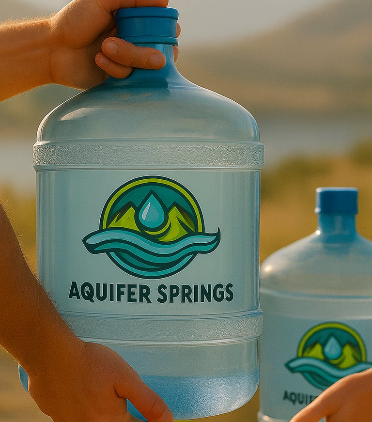 Two people exchanging an Aquifer Springs water jug outdoors in warm natural light.