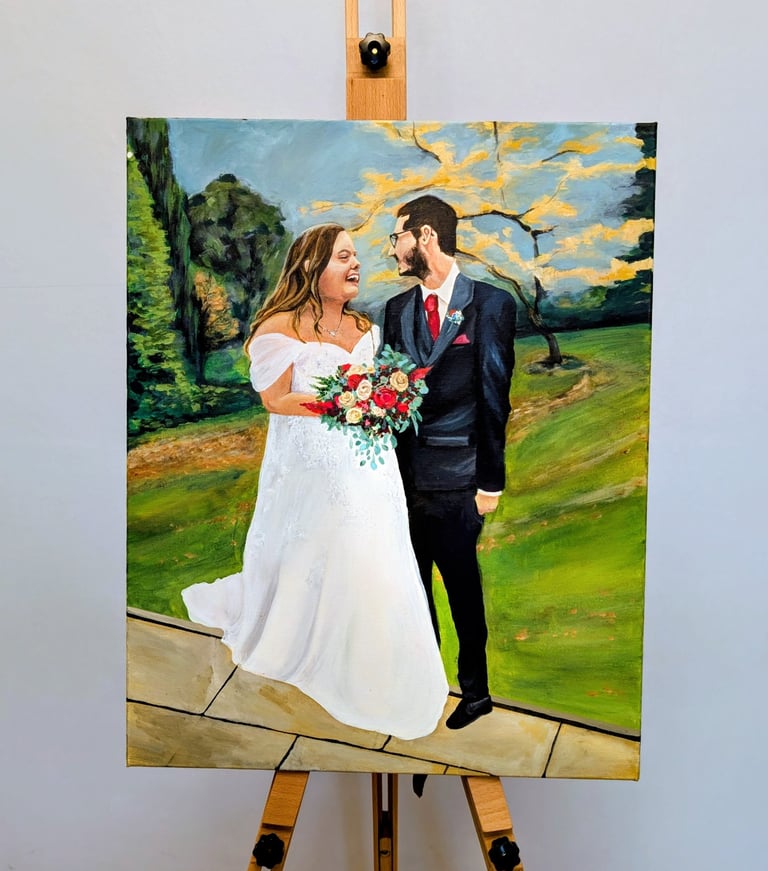 Live wedding painting of a bride and groom sharing an intimate moment on their wedding day