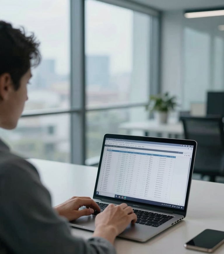 Over-the-shoulder view of a professional working on a laptop in a modern, clean office, structured data patterns visible on screen, cool crisp daylight, desaturated blues and architectural grays, sharp focus, architectural lens.