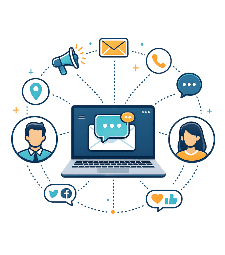Digital marketing illustration showing a laptop connected to social media, email, and communication icons.