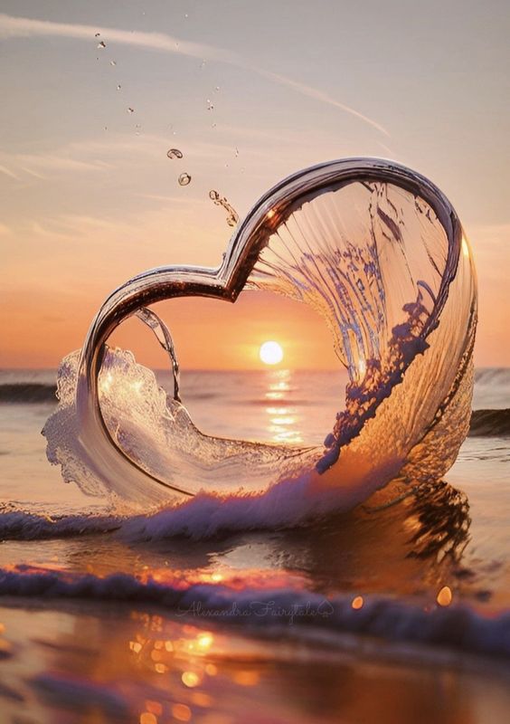 graphic showing water sprinkled in a way that it looks like a heart with the sunset in the background