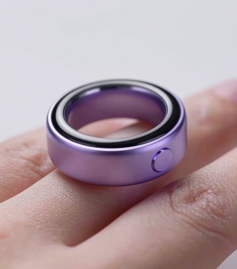 Macro close-up of a sleek, minimalist smart ring on a finger, glowing with a soft purple ambient light, clean studio lighting, high-end tech aesthetic