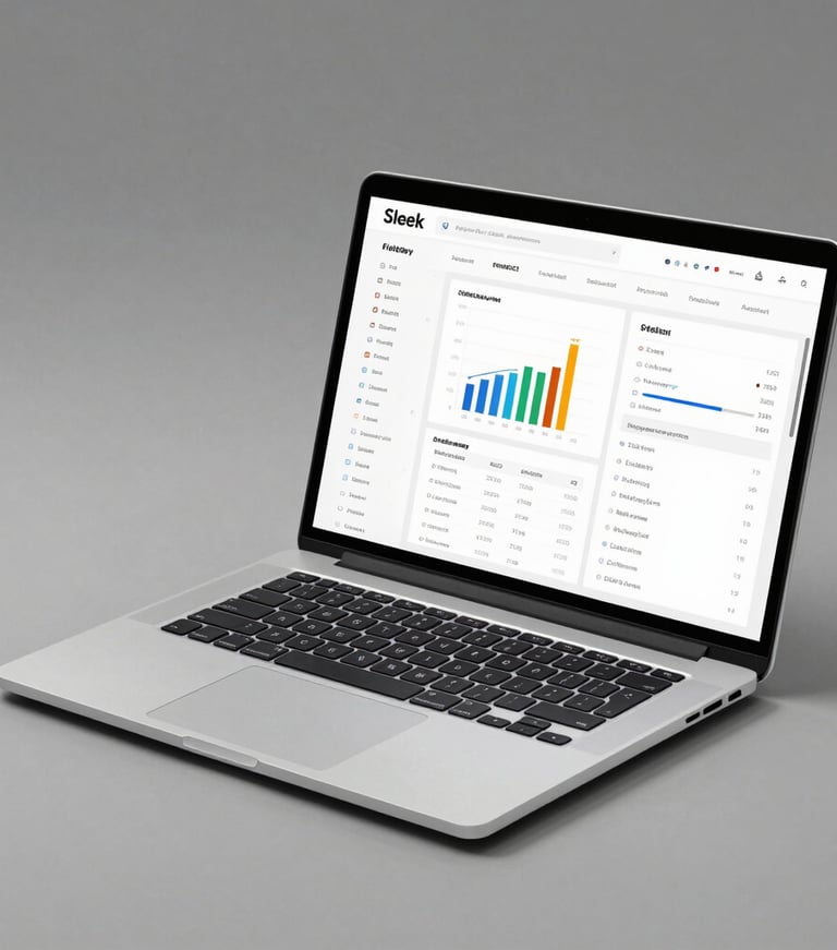 Sleek modern laptop displaying a clean white SaaS interface with charts and tables, angled perspective, realistic drop shadow, studio lighting.